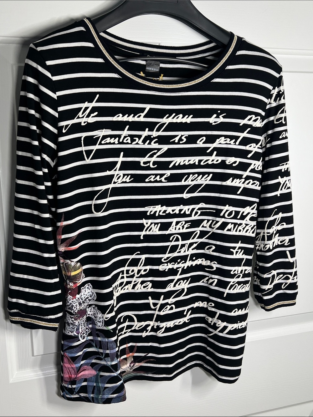 Desigual Striped Black and White Script-Print Women’s Top Women’s size XL